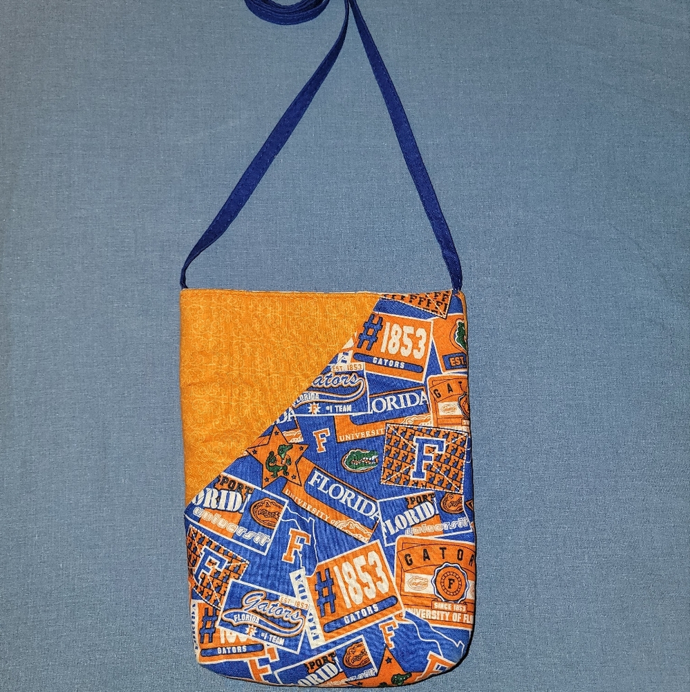 UF print orange and blue cross body purse.